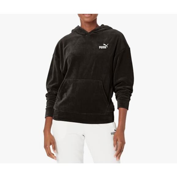 PUMA Essentials Elevated Velour Hoodie Black Women’s Size L— Cozy Lounge Staple - Picture 2 of 7